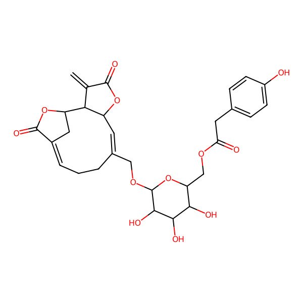 2D Structure of [3,4,5-Trihydroxy-6-[(3-methylidene-4,13-dioxo-5,14-dioxatricyclo[10.2.1.02,6]pentadeca-7,11-dien-8-yl)methoxy]oxan-2-yl]methyl 2-(4-hydroxyphenyl)acetate