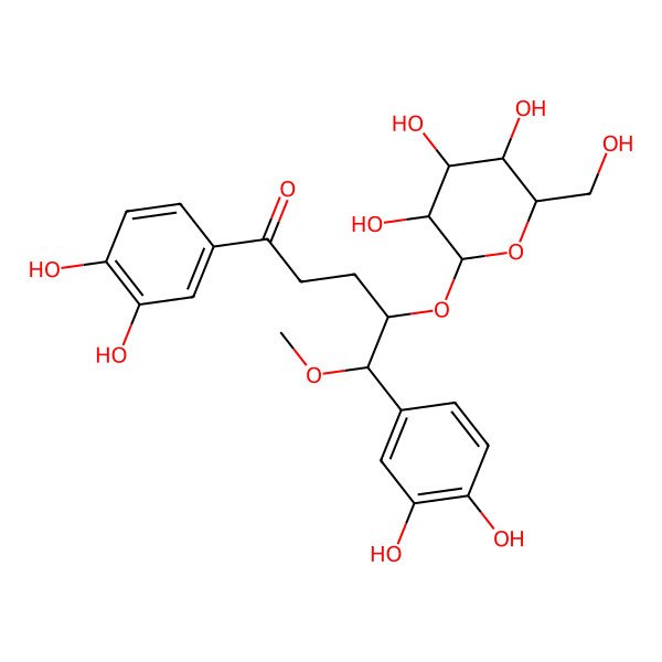 2D Structure of (4R,5R)-1,5-bis(3,4-dihydroxyphenyl)-5-methoxy-4-[(2R,3R,4S,5S,6R)-3,4,5-trihydroxy-6-(hydroxymethyl)oxan-2-yl]oxypentan-1-one