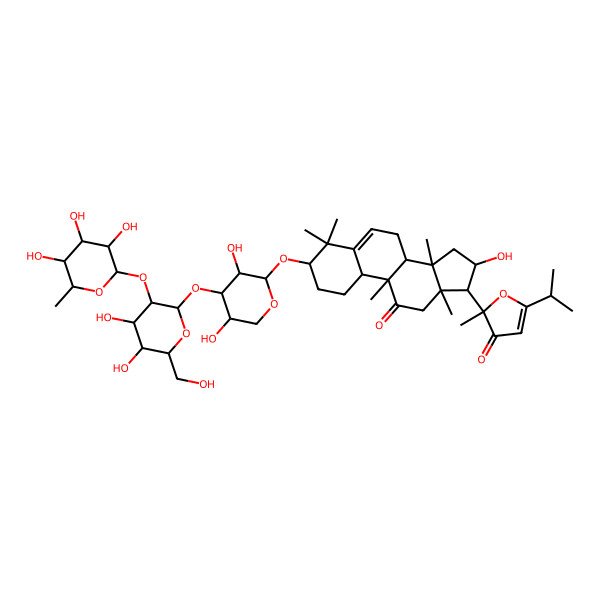2D Structure of (2R)-2-[(3R,8S,9R,10R,13R,14S,16R,17R)-3-[(2S,3R,4S,5R)-4-[(2S,3R,4S,5S,6R)-4,5-dihydroxy-6-(hydroxymethyl)-3-[(2S,3R,4R,5R,6S)-3,4,5-trihydroxy-6-methyloxan-2-yl]oxyoxan-2-yl]oxy-3,5-dihydroxyoxan-2-yl]oxy-16-hydroxy-4,4,9,13,14-pentamethyl-11-oxo-1,2,3,7,8,10,12,15,16,17-decahydrocyclopenta[a]phenanthren-17-yl]-2-methyl-5-propan-2-ylfuran-3-one