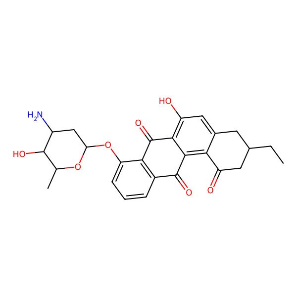 2D Structure of (3S)-8-[(2S,4S,5R,6R)-4-amino-5-hydroxy-6-methyloxan-2-yl]oxy-3-ethyl-6-hydroxy-3,4-dihydro-2H-benzo[a]anthracene-1,7,12-trione