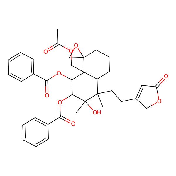2D Structure of [(1R,2S,3R,4R,4aR,8R,8aR)-8a-(acetyloxymethyl)-1-benzoyloxy-3-hydroxy-3,4-dimethyl-4-[2-(5-oxo-2H-furan-3-yl)ethyl]spiro[1,2,4a,5,6,7-hexahydronaphthalene-8,2'-oxirane]-2-yl] benzoate