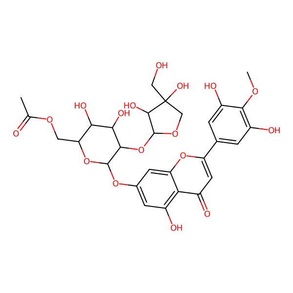 2D Structure of [(2R,3S,4S,5R,6S)-5-[(2S,3R,4R)-3,4-dihydroxy-4-(hydroxymethyl)oxolan-2-yl]oxy-6-[2-(3,5-dihydroxy-4-methoxyphenyl)-5-hydroxy-4-oxochromen-7-yl]oxy-3,4-dihydroxyoxan-2-yl]methyl acetate