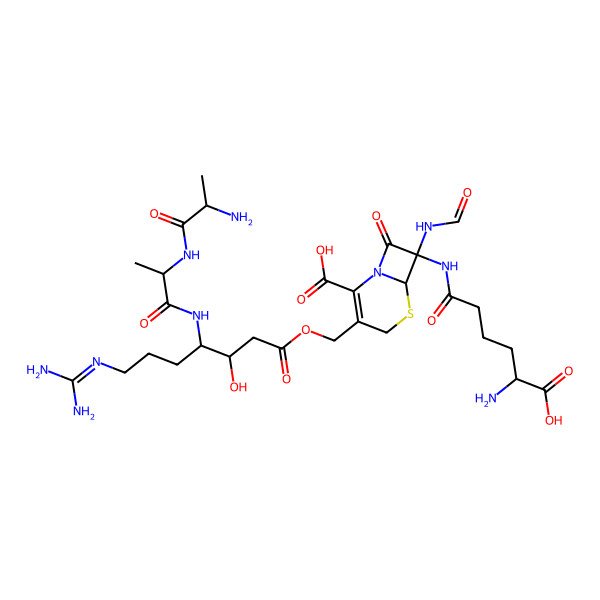2D Structure of (6R,7R)-7-[[(5R)-5-amino-5-carboxypentanoyl]amino]-3-[[(3R,4S)-4-[[(2S)-2-[[(2S)-2-aminopropanoyl]amino]propanoyl]amino]-7-(diaminomethylideneamino)-3-hydroxyheptanoyl]oxymethyl]-7-formamido-8-oxo-5-thia-1-azabicyclo[4.2.0]oct-2-ene-2-carboxylic acid