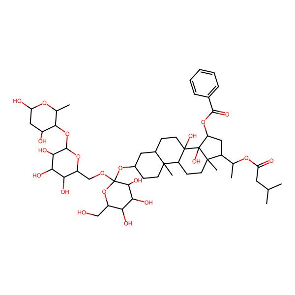 2D Structure of [(3S,8S,10S,13R,14S,15R,17S)-3-[(2S,4S,5S)-2-[[(3S,4S,6R)-6-[(3S,4R,6R)-4,6-dihydroxy-2-methyloxan-3-yl]oxy-3,4,5-trihydroxyoxan-2-yl]methoxy]-3,4,5-trihydroxy-6-(hydroxymethyl)oxan-2-yl]oxy-8,14-dihydroxy-10,13-dimethyl-17-[1-(3-methylbutanoyloxy)ethyl]-2,3,4,5,6,7,9,11,12,15,16,17-dodecahydro-1H-cyclopenta[a]phenanthren-15-yl] benzoate