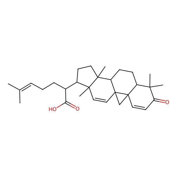 2D Structure of (2R)-6-methyl-2-[(1R,3S,8R,11S,12S,15R,16R)-7,7,12,16-tetramethyl-6-oxo-15-pentacyclo[9.7.0.01,3.03,8.012,16]octadeca-4,17-dienyl]hept-5-enoic acid
