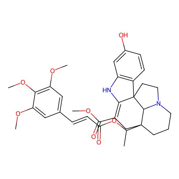 2D Structure of Methyl 5-hydroxy-12-[1-[3-(3,4,5-trimethoxyphenyl)prop-2-enoyloxy]ethyl]-8,16-diazapentacyclo[10.6.1.01,9.02,7.016,19]nonadeca-2(7),3,5,9-tetraene-10-carboxylate