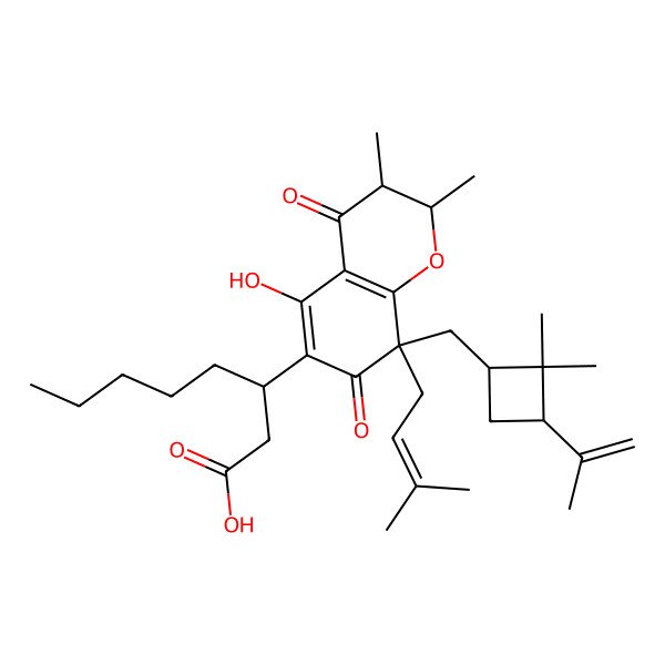 2D Structure of 3-[8-[(2,2-Dimethyl-3-prop-1-en-2-ylcyclobutyl)methyl]-5-hydroxy-2,3-dimethyl-8-(3-methylbut-2-enyl)-4,7-dioxo-2,3-dihydrochromen-6-yl]octanoic acid