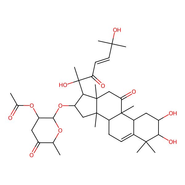 2D Structure of [(2R,3S,6S)-2-[[(2S,3S,8S,9R,10R,13R,14S,16R,17R)-17-[(E,2R)-2,6-dihydroxy-6-methyl-3-oxohept-4-en-2-yl]-2,3-dihydroxy-4,4,9,13,14-pentamethyl-11-oxo-1,2,3,7,8,10,12,15,16,17-decahydrocyclopenta[a]phenanthren-16-yl]oxy]-6-methyl-5-oxooxan-3-yl] acetate