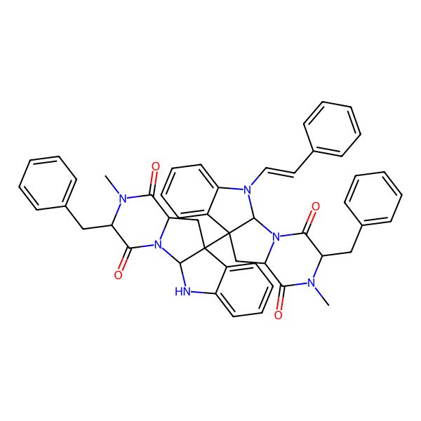 2D Structure of 4-Benzyl-9-(4-benzyl-5-methyl-3,6-dioxo-2,5,16-triazatetracyclo[7.7.0.02,7.010,15]hexadeca-10,12,14-trien-9-yl)-5-methyl-16-(2-phenylethenyl)-2,5,16-triazatetracyclo[7.7.0.02,7.010,15]hexadeca-10,12,14-triene-3,6-dione