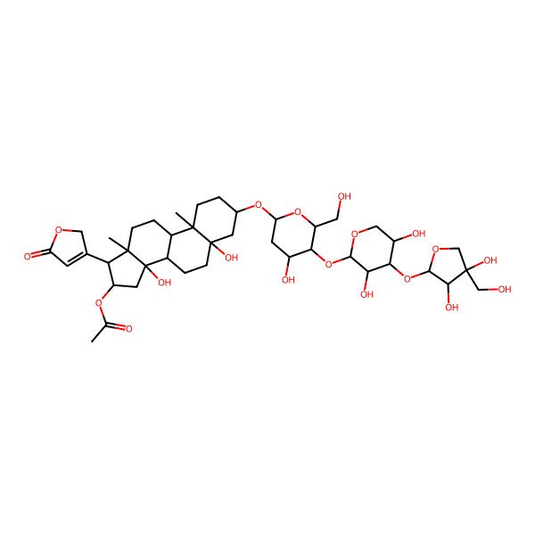 2D Structure of [(3S,5S,8R,9S,10R,13R,14S,16S,17R)-3-[(2R,4S,5S,6R)-5-[(2S,3R,4S,5R)-4-[(2S,3R,4R)-3,4-dihydroxy-4-(hydroxymethyl)oxolan-2-yl]oxy-3,5-dihydroxyoxan-2-yl]oxy-4-hydroxy-6-(hydroxymethyl)oxan-2-yl]oxy-5,14-dihydroxy-10,13-dimethyl-17-(5-oxo-2H-furan-3-yl)-2,3,4,6,7,8,9,11,12,15,16,17-dodecahydro-1H-cyclopenta[a]phenanthren-16-yl] acetate
