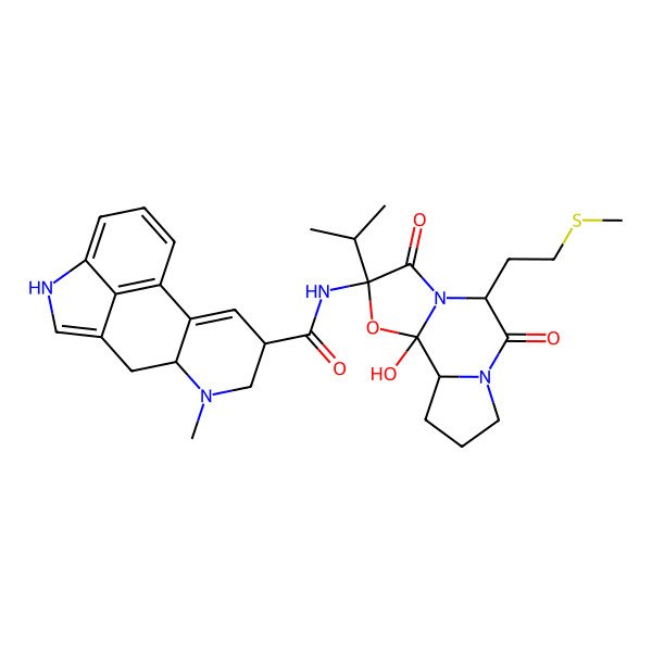 2D Structure of (6aR,9R)-N-[(1S,2S,4R,7S)-2-hydroxy-7-(2-methylsulfanylethyl)-5,8-dioxo-4-propan-2-yl-3-oxa-6,9-diazatricyclo[7.3.0.02,6]dodecan-4-yl]-7-methyl-6,6a,8,9-tetrahydro-4H-indolo[4,3-fg]quinoline-9-carboxamide