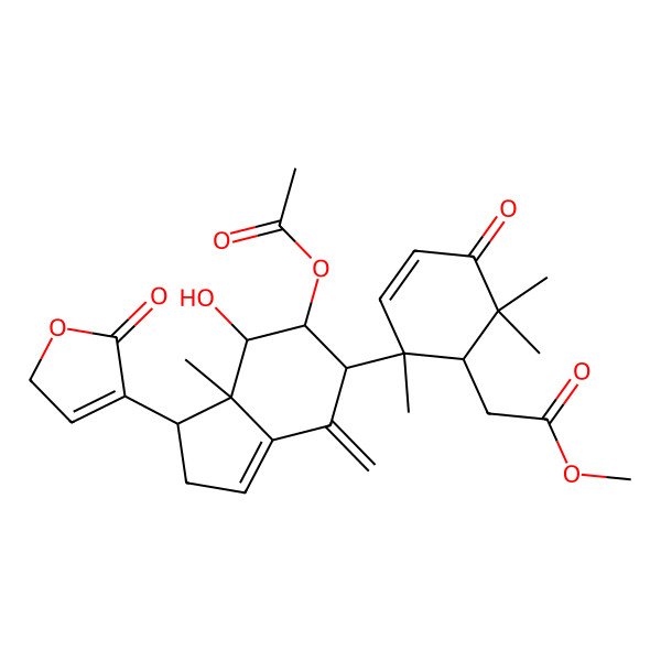 2D Structure of methyl 2-[(1R,2S)-2-[(1R,5R,6R,7R,7aS)-6-acetyloxy-7-hydroxy-7a-methyl-4-methylidene-1-(5-oxo-2H-furan-4-yl)-2,5,6,7-tetrahydro-1H-inden-5-yl]-2,6,6-trimethyl-5-oxocyclohex-3-en-1-yl]acetate