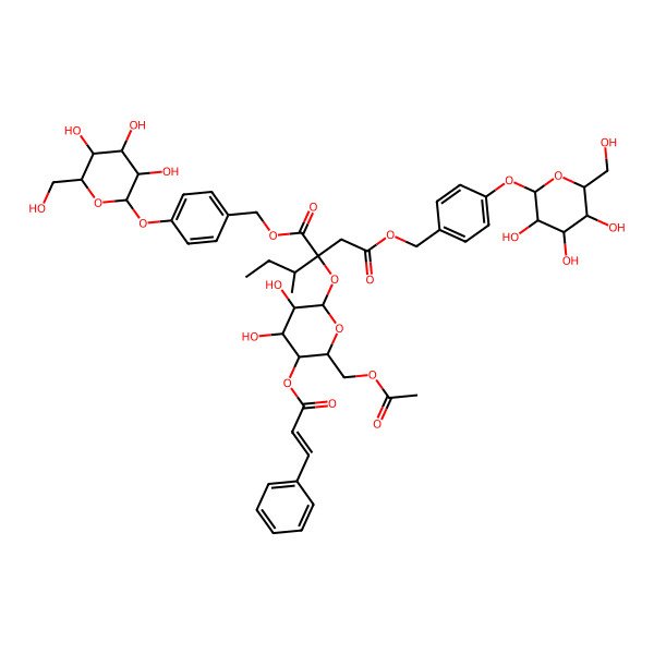 2D Structure of bis[[4-[(2S,3R,4S,5S,6R)-3,4,5-trihydroxy-6-(hydroxymethyl)oxan-2-yl]oxyphenyl]methyl] (2S)-2-[(2S,3R,4R,5S,6R)-6-(acetyloxymethyl)-3,4-dihydroxy-5-[(E)-3-phenylprop-2-enoyl]oxyoxan-2-yl]oxy-2-[(2R)-butan-2-yl]butanedioate