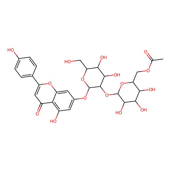 2D Structure of [(2S,3S,4S,5R,6S)-6-[(2S,3S,4S,5S,6R)-4,5-dihydroxy-2-[5-hydroxy-2-(4-hydroxyphenyl)-4-oxochromen-7-yl]oxy-6-(hydroxymethyl)oxan-3-yl]oxy-3,4,5-trihydroxyoxan-2-yl]methyl acetate