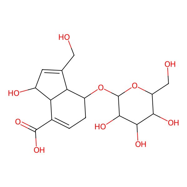 2D Structure of (3S,3aR,7S,7aR)-3-hydroxy-1-(hydroxymethyl)-7-[(2R,3R,4S,5S,6R)-3,4,5-trihydroxy-6-(hydroxymethyl)oxan-2-yl]oxy-3a,6,7,7a-tetrahydro-3H-indene-4-carboxylic acid