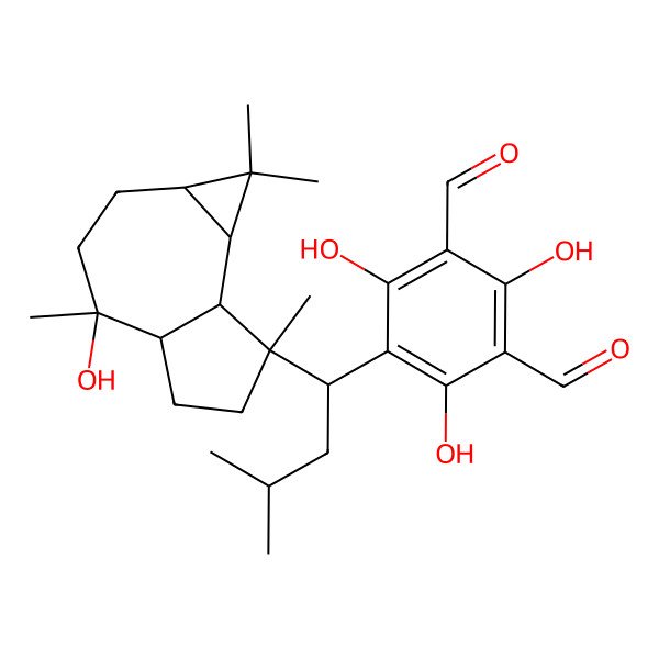 2D Structure of 2,4,6-Trihydroxy-5-[1-(4-hydroxy-1,1,4,7-tetramethyl-1a,2,3,4a,5,6,7a,7b-octahydrocyclopropa[h]azulen-7-yl)-3-methylbutyl]benzene-1,3-dicarbaldehyde