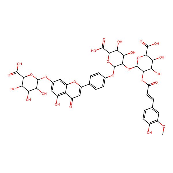 2D Structure of 6-[2-[4-[6-Carboxy-3-[6-carboxy-4,5-dihydroxy-3-[3-(4-hydroxy-3-methoxyphenyl)prop-2-enoyloxy]oxan-2-yl]oxy-4,5-dihydroxyoxan-2-yl]oxyphenyl]-5-hydroxy-4-oxochromen-7-yl]oxy-3,4,5-trihydroxyoxane-2-carboxylic acid