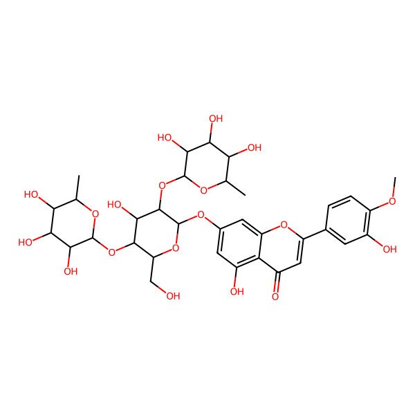 2D Structure of 5-hydroxy-7-[(2S,3R,4S,5S,6R)-4-hydroxy-6-(hydroxymethyl)-3,5-bis[[(2S,3R,4R,5R,6S)-3,4,5-trihydroxy-6-methyloxan-2-yl]oxy]oxan-2-yl]oxy-2-(3-hydroxy-4-methoxyphenyl)chromen-4-one