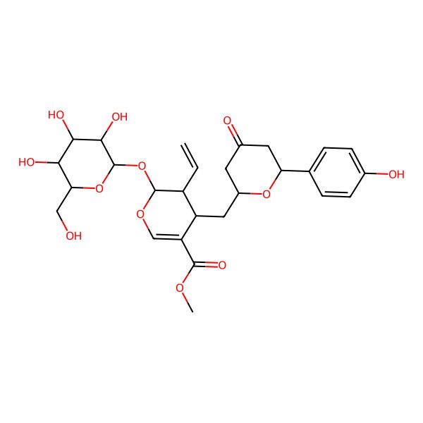 2D Structure of methyl (2S,3R,4S)-3-ethenyl-4-[[(2S,6R)-6-(4-hydroxyphenyl)-4-oxooxan-2-yl]methyl]-2-[(2R,3S,4R,5R,6R)-3,4,5-trihydroxy-6-(hydroxymethyl)oxan-2-yl]oxy-3,4-dihydro-2H-pyran-5-carboxylate
