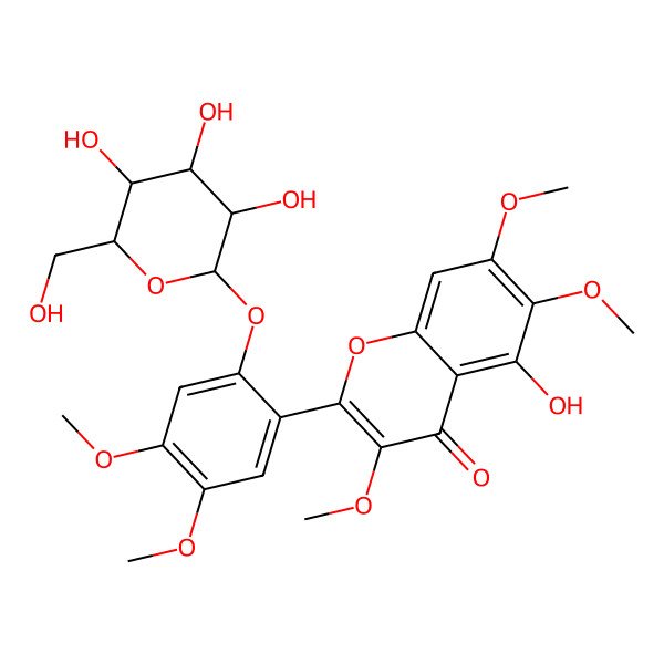 2D Structure of 2-[4,5-Dimethoxy-2-[3,4,5-trihydroxy-6-(hydroxymethyl)oxan-2-yl]oxyphenyl]-5-hydroxy-3,6,7-trimethoxychromen-4-one