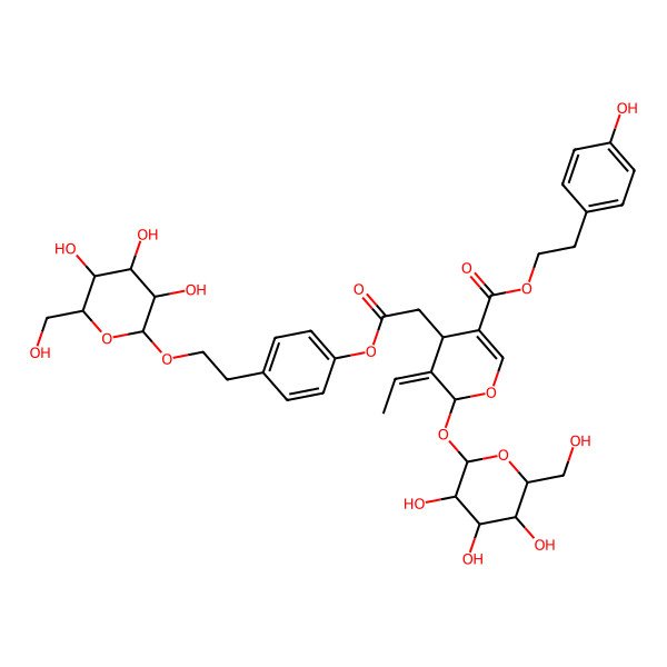 2D Structure of 2-(4-hydroxyphenyl)ethyl (4R,5E,6R)-5-ethylidene-4-[2-oxo-2-[4-[2-[(2R,3R,4S,5S,6R)-3,4,5-trihydroxy-6-(hydroxymethyl)oxan-2-yl]oxyethyl]phenoxy]ethyl]-6-[(2R,3S,4R,5S,6R)-3,4,5-trihydroxy-6-(hydroxymethyl)oxan-2-yl]oxy-4H-pyran-3-carboxylate