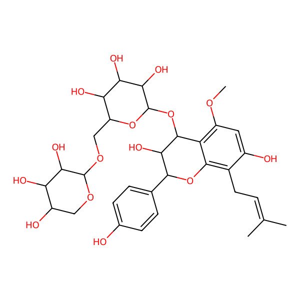 2D Structure of (2R,3R,4S,5S,6R)-2-[[(2R,3R,4S)-3,7-dihydroxy-2-(4-hydroxyphenyl)-5-methoxy-8-(3-methylbut-2-enyl)-3,4-dihydro-2H-chromen-4-yl]oxy]-6-[[(2S,3R,4S,5R)-3,4,5-trihydroxyoxan-2-yl]oxymethyl]oxane-3,4,5-triol