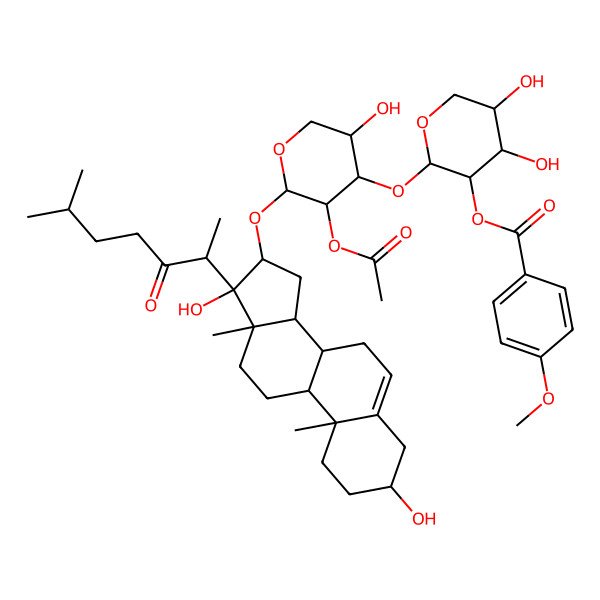 2D Structure of [(2S,3R,4S,5R)-2-[(2S,3R,4S,5S)-3-acetyloxy-2-[[(3S,10R,13S,16S,17S)-3,17-dihydroxy-10,13-dimethyl-17-[(2S)-6-methyl-3-oxoheptan-2-yl]-1,2,3,4,7,8,9,11,12,14,15,16-dodecahydrocyclopenta[a]phenanthren-16-yl]oxy]-5-hydroxyoxan-4-yl]oxy-4,5-dihydroxyoxan-3-yl] 4-methoxybenzoate