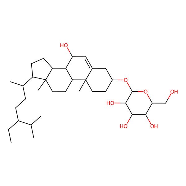 2D Structure of (2R,3R,4S,5S,6R)-2-[[(3S,7R,8S,9S,10R,13R,14S,17R)-17-[(2R,5R)-5-ethyl-6-methylheptan-2-yl]-7-hydroxy-10,13-dimethyl-2,3,4,7,8,9,11,12,14,15,16,17-dodecahydro-1H-cyclopenta[a]phenanthren-3-yl]oxy]-6-(hydroxymethyl)oxane-3,4,5-triol