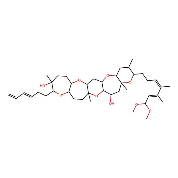 2D Structure of 8-(7,7-Dimethoxy-4,5-dimethylhepta-3,5-dienyl)-20-hexa-3,5-dienyl-7,10,15,21-tetramethyl-4,9,14,19,25-pentaoxapentacyclo[13.10.0.03,13.05,10.018,24]pentacosane-12,21-diol