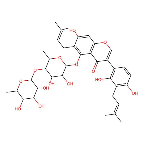 2D Structure of 3-[2,4-dihydroxy-3-(3-methylbut-2-enyl)phenyl]-5-[(2S,3S,4S,5R,6S)-3,4-dihydroxy-6-methyl-5-[(2S,3S,4S,5R,6S)-3,4,5-trihydroxy-6-methyloxan-2-yl]oxyoxan-2-yl]oxy-7-hydroxy-6-(3-methylbut-2-enyl)chromen-4-one