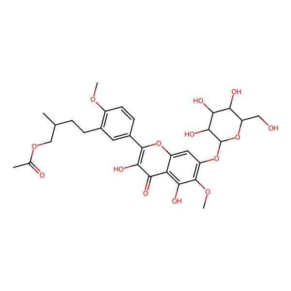 2D Structure of [(2R)-4-[5-[3,5-dihydroxy-6-methoxy-4-oxo-7-[(2R,3R,4S,5S,6R)-3,4,5-trihydroxy-6-(hydroxymethyl)oxan-2-yl]oxychromen-2-yl]-2-methoxyphenyl]-2-methylbutyl] acetate