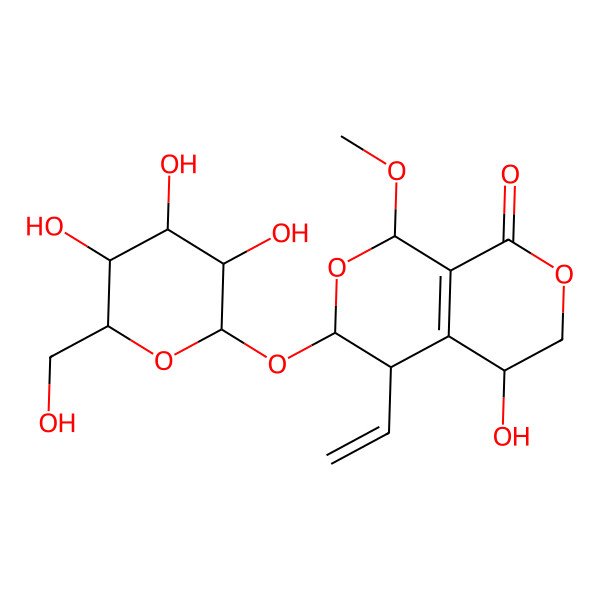 2D Structure of (1R,3S,4R,5R)-4-ethenyl-5-hydroxy-1-methoxy-3-[(2S,3R,4S,5S,6R)-3,4,5-trihydroxy-6-(hydroxymethyl)oxan-2-yl]oxy-3,4,5,6-tetrahydro-1H-pyrano[3,4-c]pyran-8-one