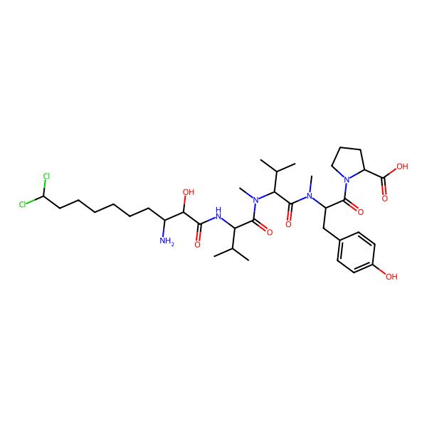 2D Structure of 1-[(2S)-2-[[(2S)-2-[[(2S)-2-[[(2S,3S)-3-amino-10,10-dichloro-2-hydroxydecanoyl]amino]-3-methylbutanoyl]-methylamino]-3-methylbutanoyl]-methylamino]-3-(4-hydroxyphenyl)propanoyl]pyrrolidine-2-carboxylic acid
