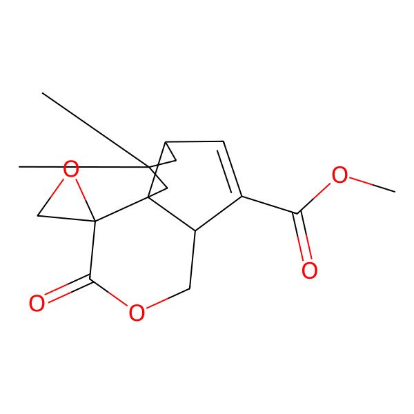 2D Structure of methyl (1R,4aR,6aS,9aR)-8,8-dimethyl-2-oxospiro[4a,6a,7,9-tetrahydro-4H-pentaleno[1,6a-c]pyran-1,2'-oxirane]-5-carboxylate