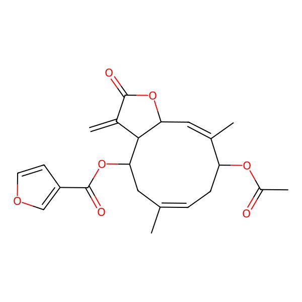 2D Structure of (9-Acetyloxy-6,10-dimethyl-3-methylidene-2-oxo-3a,4,5,8,9,11a-hexahydrocyclodeca[b]furan-4-yl) furan-3-carboxylate