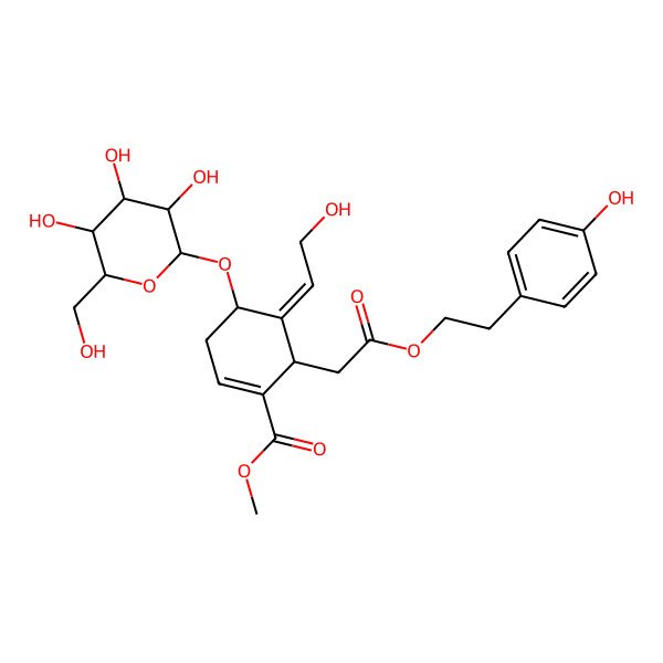 2D Structure of methyl (4R,5E,6S)-5-(2-hydroxyethylidene)-6-[2-[2-(4-hydroxyphenyl)ethoxy]-2-oxoethyl]-4-[(2R,3R,4S,5S,6R)-3,4,5-trihydroxy-6-(hydroxymethyl)oxan-2-yl]oxycyclohexene-1-carboxylate