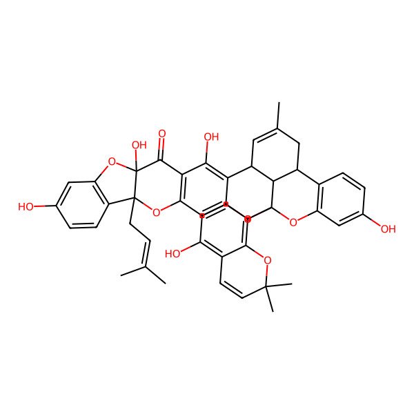 2D Structure of 3,6,10,24-Tetrahydroxy-20-(5-hydroxy-2,2-dimethylchromen-8-yl)-30-methyl-14-(3-methylbut-2-enyl)-7,15,19,21-tetraoxaoctacyclo[18.11.1.02,18.04,16.06,14.08,13.022,27.028,32]dotriaconta-2,4(16),8(13),9,11,17,22(27),23,25,30-decaen-5-one