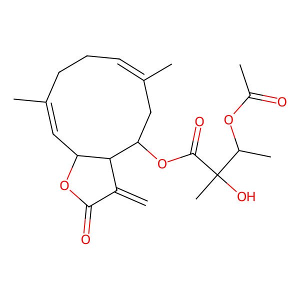 2D Structure of [(3aR,4R,6E,10E,11aS)-6,10-dimethyl-3-methylidene-2-oxo-3a,4,5,8,9,11a-hexahydrocyclodeca[b]furan-4-yl] (2S,3S)-3-acetyloxy-2-hydroxy-2-methylbutanoate