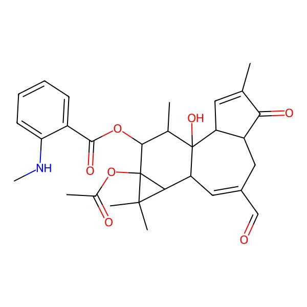 2D Structure of [(1R,2R,6S,10R,11R,13S,14R,15R)-13-acetyloxy-8-formyl-1-hydroxy-4,12,12,15-tetramethyl-5-oxo-14-tetracyclo[8.5.0.02,6.011,13]pentadeca-3,8-dienyl] 2-(methylamino)benzoate