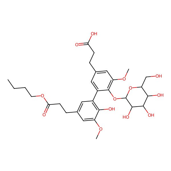 2D Structure of 3-[3-[5-(3-Butoxy-3-oxopropyl)-2-hydroxy-3-methoxyphenyl]-5-methoxy-4-[3,4,5-trihydroxy-6-(hydroxymethyl)oxan-2-yl]oxyphenyl]propanoic acid