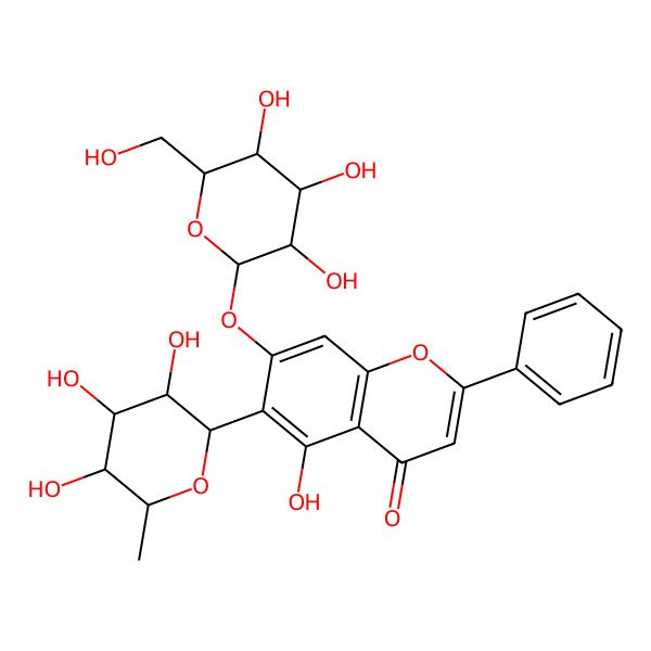 2D Structure of 5-hydroxy-2-phenyl-7-[(2S,3R,4S,5S,6R)-3,4,5-trihydroxy-6-(hydroxymethyl)oxan-2-yl]oxy-6-[(2S,3R,4S,5R,6R)-3,4,5-trihydroxy-6-methyloxan-2-yl]chromen-4-one