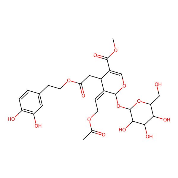 2D Structure of methyl (4S,5E,6S)-5-(2-acetyloxyethylidene)-4-[2-[2-(3,4-dihydroxyphenyl)ethoxy]-2-oxoethyl]-6-[(2S,3R,4S,5S,6R)-3,4,5-trihydroxy-6-(hydroxymethyl)oxan-2-yl]oxy-4H-pyran-3-carboxylate