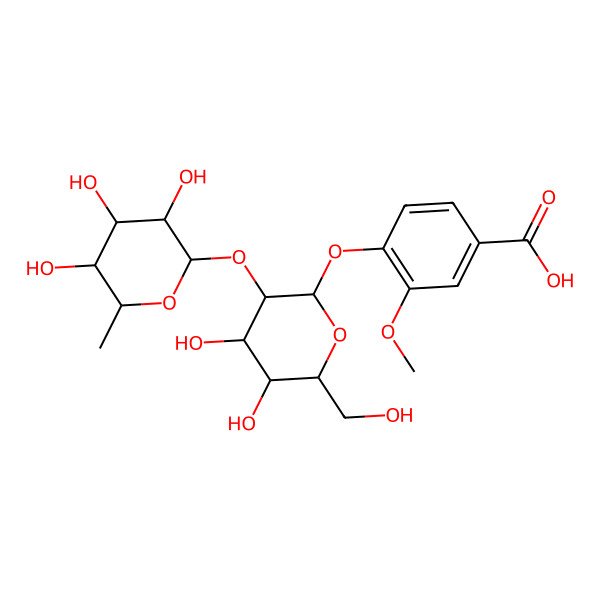 2D Structure of 4-[(2S,3R,4S,5S,6R)-4,5-dihydroxy-6-(hydroxymethyl)-3-[(2S,3R,4R,5R,6S)-3,4,5-trihydroxy-6-methyloxan-2-yl]oxyoxan-2-yl]oxy-3-methoxybenzoic acid