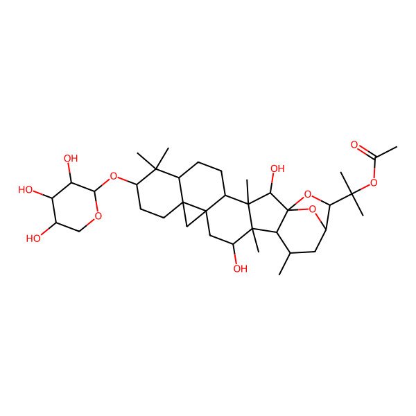 2D Structure of 2-[(1S,2R,3S,4R,7R,9S,12R,14R,16R,17R,18R,19R,21R,22S)-2,16-dihydroxy-3,8,8,17,19-pentamethyl-9-[(2S,3R,4S,5S)-3,4,5-trihydroxyoxan-2-yl]oxy-23,24-dioxaheptacyclo[19.2.1.01,18.03,17.04,14.07,12.012,14]tetracosan-22-yl]propan-2-yl acetate