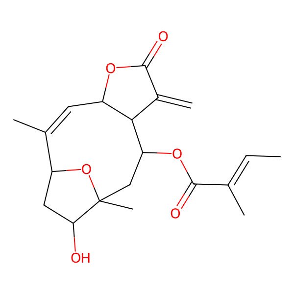 2D Structure of (12-Hydroxy-2,11-dimethyl-7-methylidene-6-oxo-5,14-dioxatricyclo[9.2.1.04,8]tetradec-2-en-9-yl) 2-methylbut-2-enoate