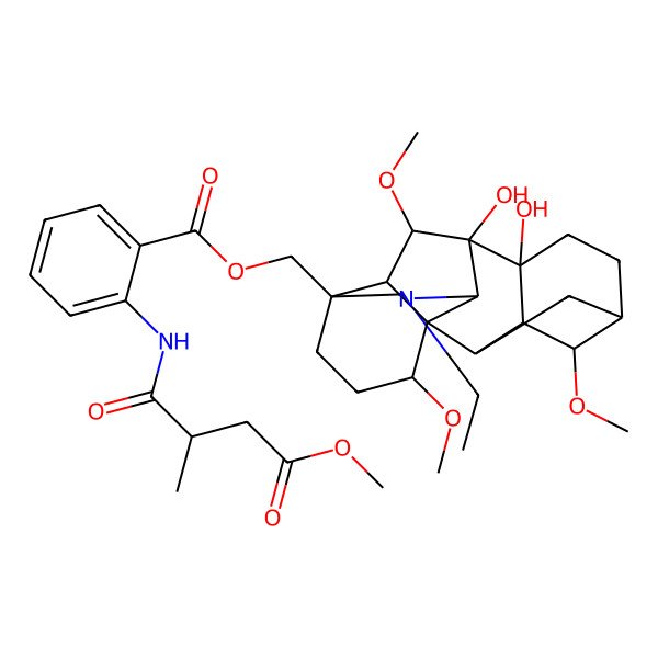 2D Structure of [(1S,2R,3R,4S,5S,8R,9S,10S,13S,16S,17R,18S)-11-ethyl-8,9-dihydroxy-4,16,18-trimethoxy-11-azahexacyclo[7.7.2.12,5.01,10.03,8.013,17]nonadecan-13-yl]methyl 2-[[(2R)-4-methoxy-2-methyl-4-oxobutanoyl]amino]benzoate