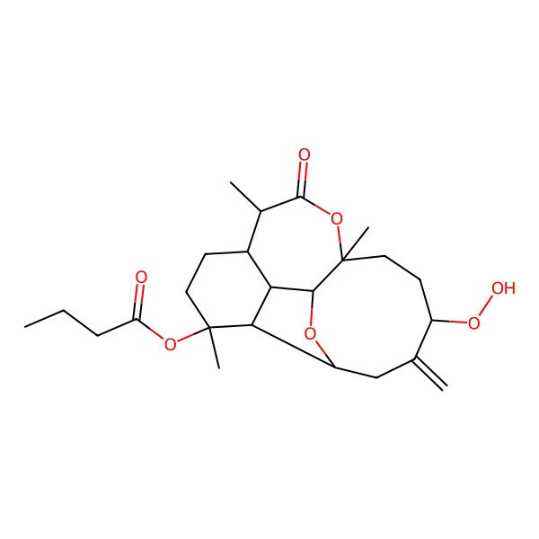 2D Structure of (14-Hydroperoxy-4,8,11-trimethyl-15-methylidene-9-oxo-10,18-dioxatetracyclo[9.7.0.02,7.03,17]octadecan-4-yl) butanoate