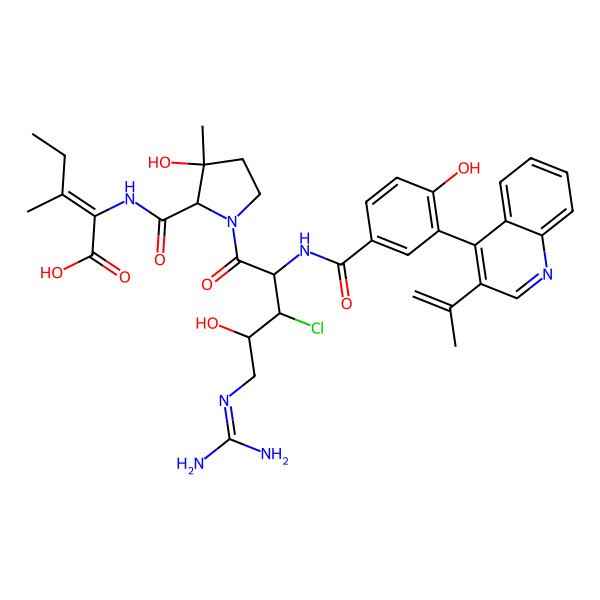 2D Structure of (E)-2-[[(2S,3R)-1-[(2S,3R,4S)-3-chloro-5-(diaminomethylideneamino)-4-hydroxy-2-[[4-hydroxy-3-(3-prop-1-en-2-ylquinolin-4-yl)benzoyl]amino]pentanoyl]-3-hydroxy-3-methylpyrrolidine-2-carbonyl]amino]-3-methylpent-2-enoic acid