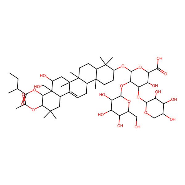 2D Structure of 6-[[10-Acetyloxy-8-hydroxy-8a-(hydroxymethyl)-4,4,6a,6b,11,11,14b-heptamethyl-9-(2-methylbutanoyloxy)-1,2,3,4a,5,6,7,8,9,10,12,12a,14,14a-tetradecahydropicen-3-yl]oxy]-3-hydroxy-5-[3,4,5-trihydroxy-6-(hydroxymethyl)oxan-2-yl]oxy-4-(3,4,5-trihydroxyoxan-2-yl)oxyoxane-2-carboxylic acid