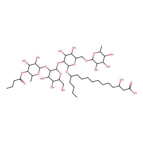 2D Structure of (3S,12S)-12-[(2R,3R,4S,5S,6R)-3-[(2S,3R,4S,5S,6R)-3-[(2S,3R,4S,5R,6S)-5-butanoyloxy-3,4-dihydroxy-6-methyloxan-2-yl]oxy-4,5-dihydroxy-6-(hydroxymethyl)oxan-2-yl]oxy-4,5-dihydroxy-6-[[(2R,3R,4R,5R,6S)-3,4,5-trihydroxy-6-methyloxan-2-yl]oxymethyl]oxan-2-yl]oxy-3-hydroxyhexadecanoic acid